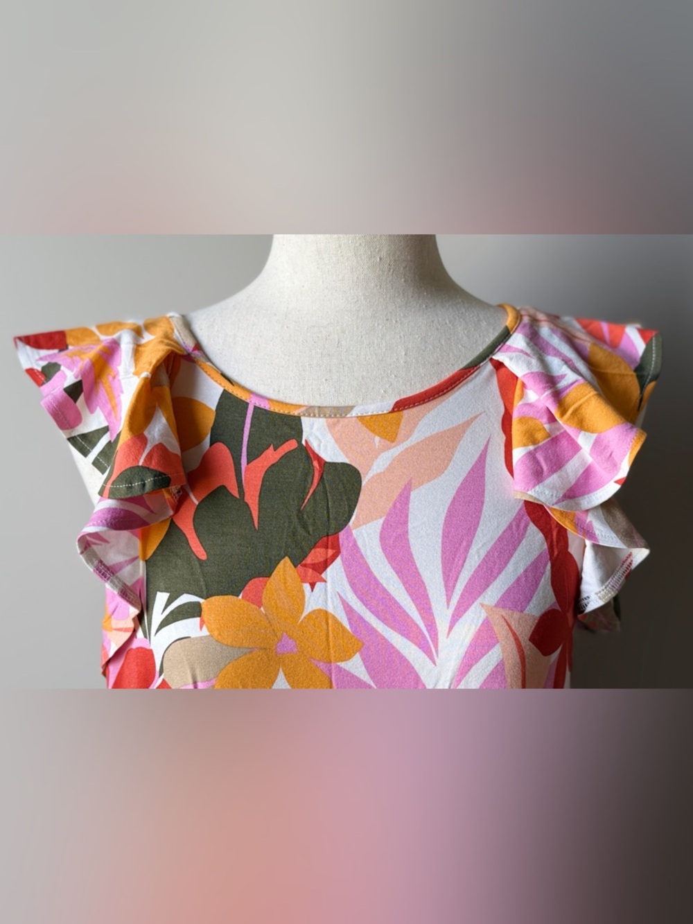LOFT Multicolor Tropical Print Swing Dress - Pink, Peach, Yellow, Red, Green - Picture 2 of 5